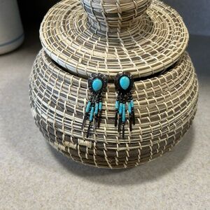 Signed QT Navajo Turquoise Sterling Silver 925 Concho Dangle Post Earrings Flaw